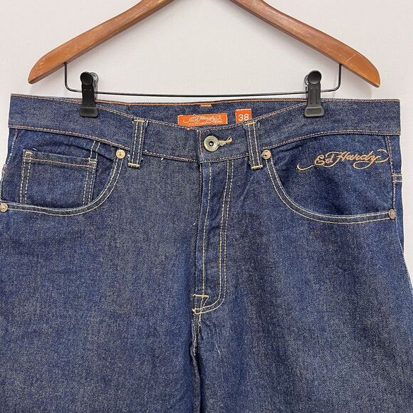 Ed Hardy Y2K Mens 38 Button Fly Wide Leg Jean 16" Shorts Embroidered Eagle Skull - Picture 10 of 12